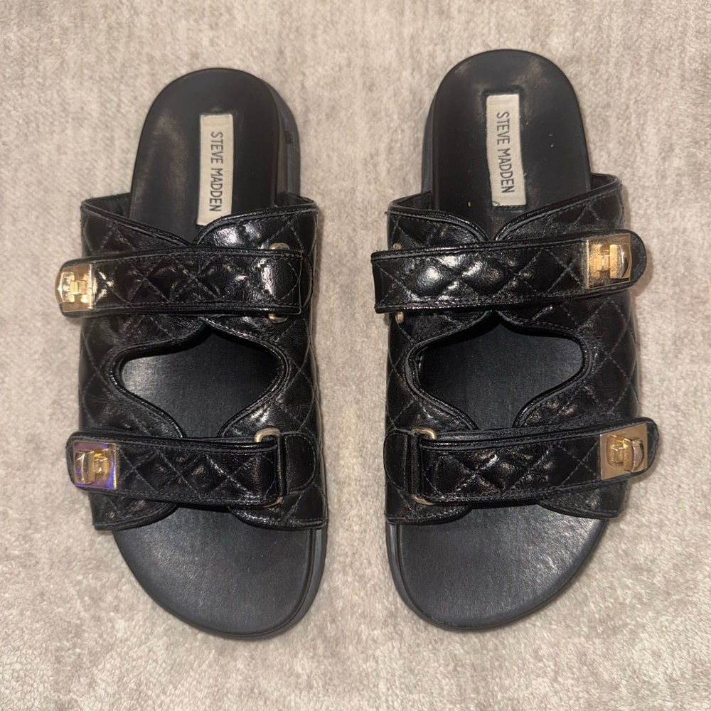 Steve Madden Black Quilted Slide Sandals with Gold Buckles